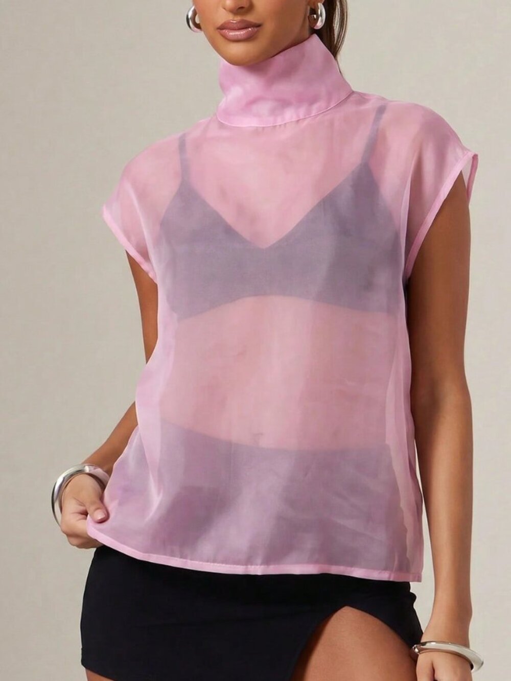 Pink Casual Women's High Neck Sheer Blouse